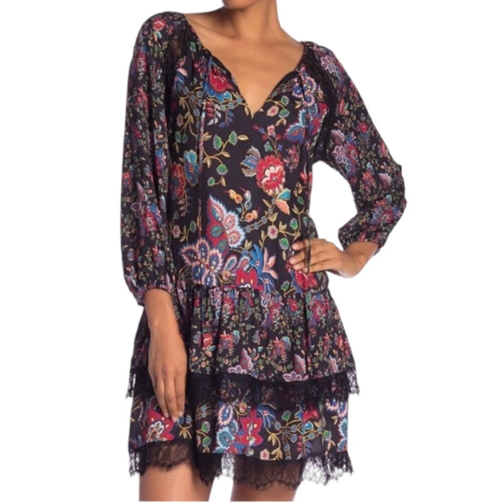 Alice + Olivia Lakita Long Sleeve Floral Tunic Dress Gloria Tapestry Black Small
